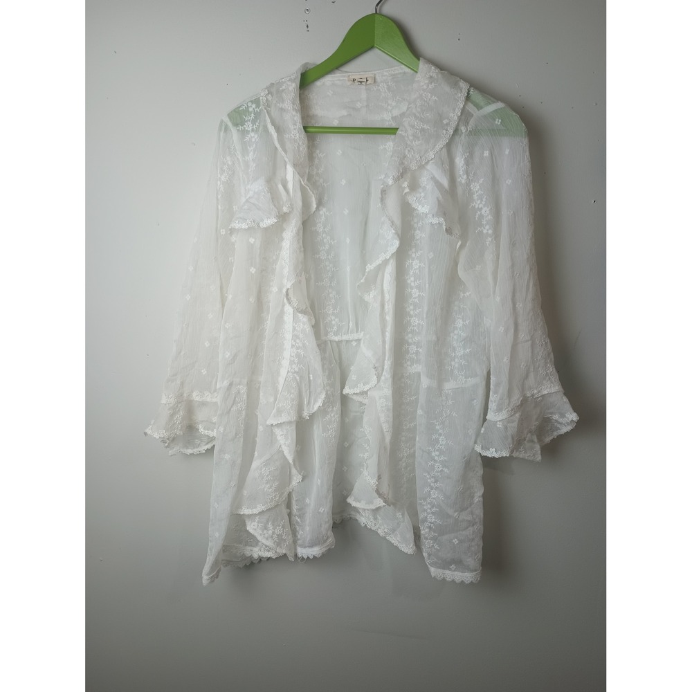 POL Clothing White Embroidered Sheer Ruffle Cardigan Open Front Boho Lace Top M